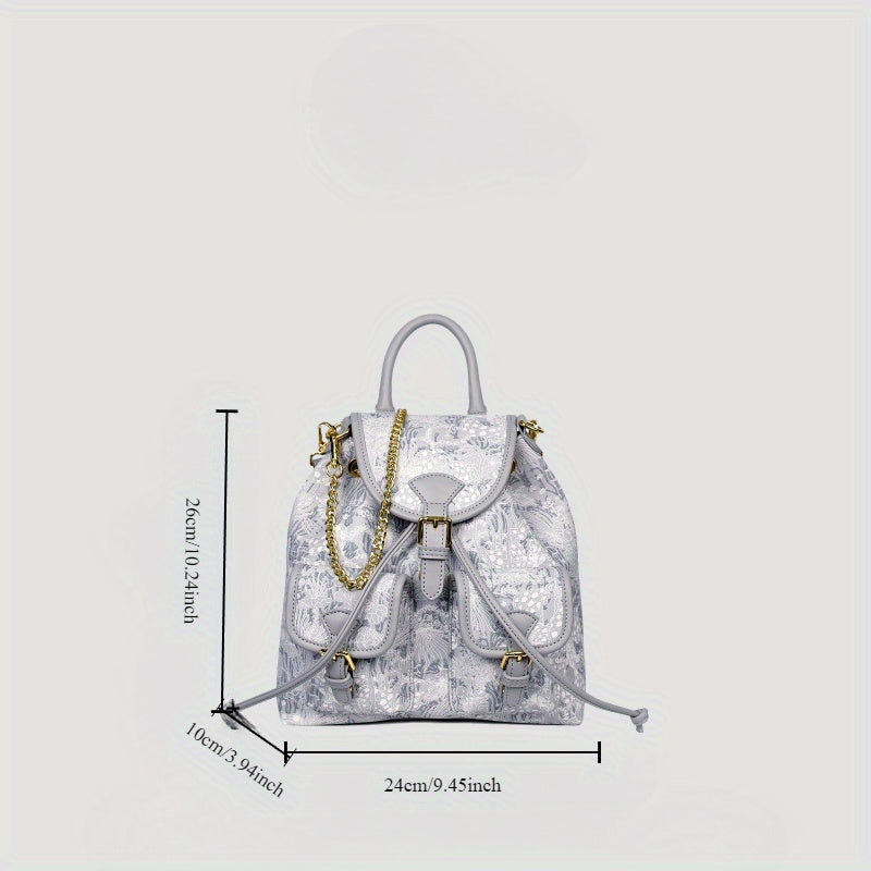 Women's Elegant Floral Print Crossbody Backpack - Convertible Shoulder Bag with Golden-Tone Hardware, Detachable Chain Strap & Wrist Strap, Secure Clasp Closure, Durable Second-Layer for Daily Use & Special Occasions