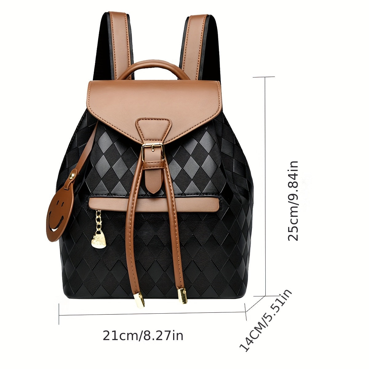 Quilted PU Backpack Coffee Brown & Black Quilted PU Backpack for Women | Adjustable Shoulder Straps, Golden Buckle, and Joyful Face Charm | Perfect for Work, Travel, and Everyday Use
