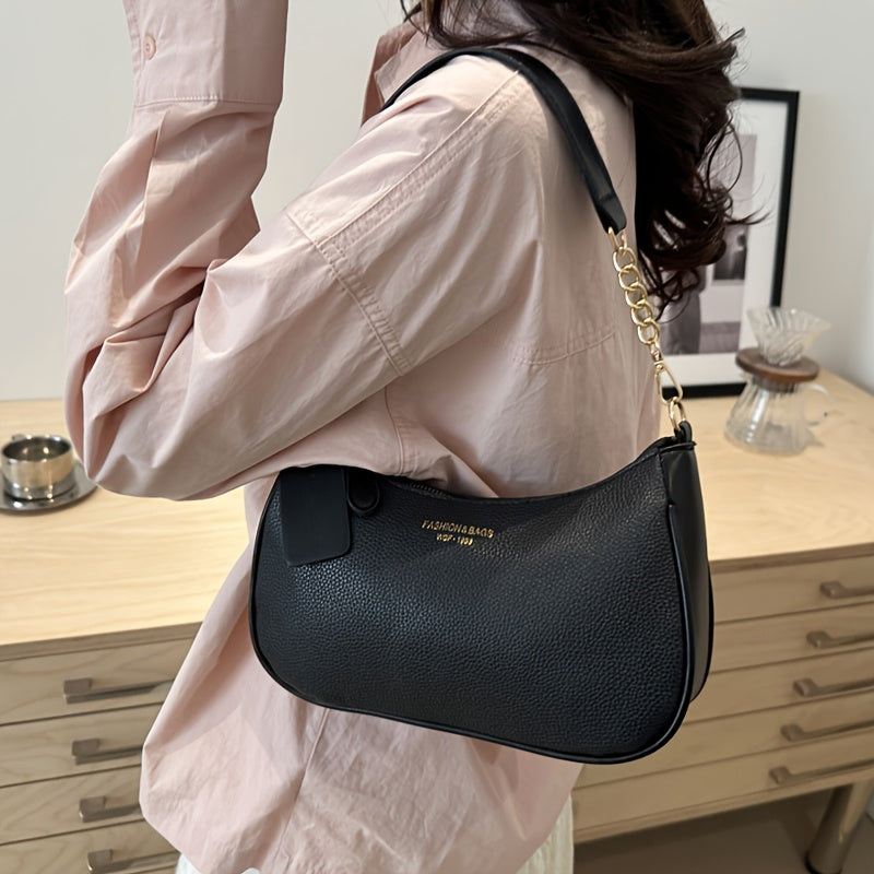 Fashionable And Minimalist Women'S Crescent Shoulder Bag with a Golden-Chain Handle - Featuring a Removable Comfortable Strap, Zipper Closure, Polyester Lining, Perfect for Casual And Everyday Use, Available in Black, White, Brown, And Red
