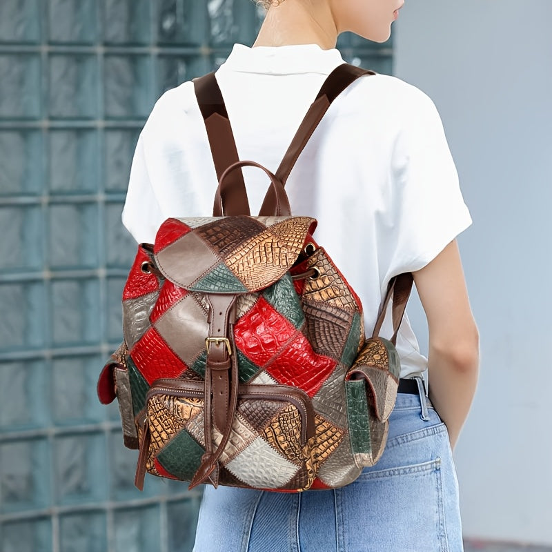 Vintage Patchwork Women'S Backpack - Genuine Leather, Adjustable Straps, Drawstring Closure, Tribal Style, with Polyester Lining And Applique Embellishment for Travel, School, Or Daily Use, Travel Backpack