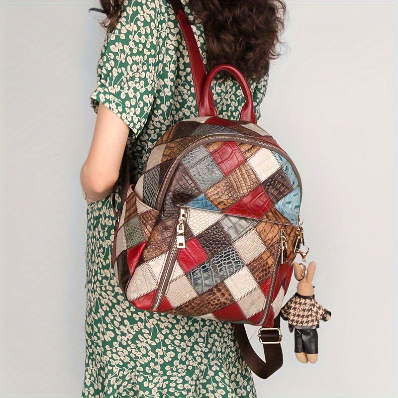 Cobbler Legend Women's Vintage Checkered Backpack - Top-Grain Genuine Leather Travel Bag with Adjustable Straps, Zipper Closure & Polyester Lining, Multi-Color Design for Casual & Holiday Use, Retro Aesthetic, Oiledged Finish