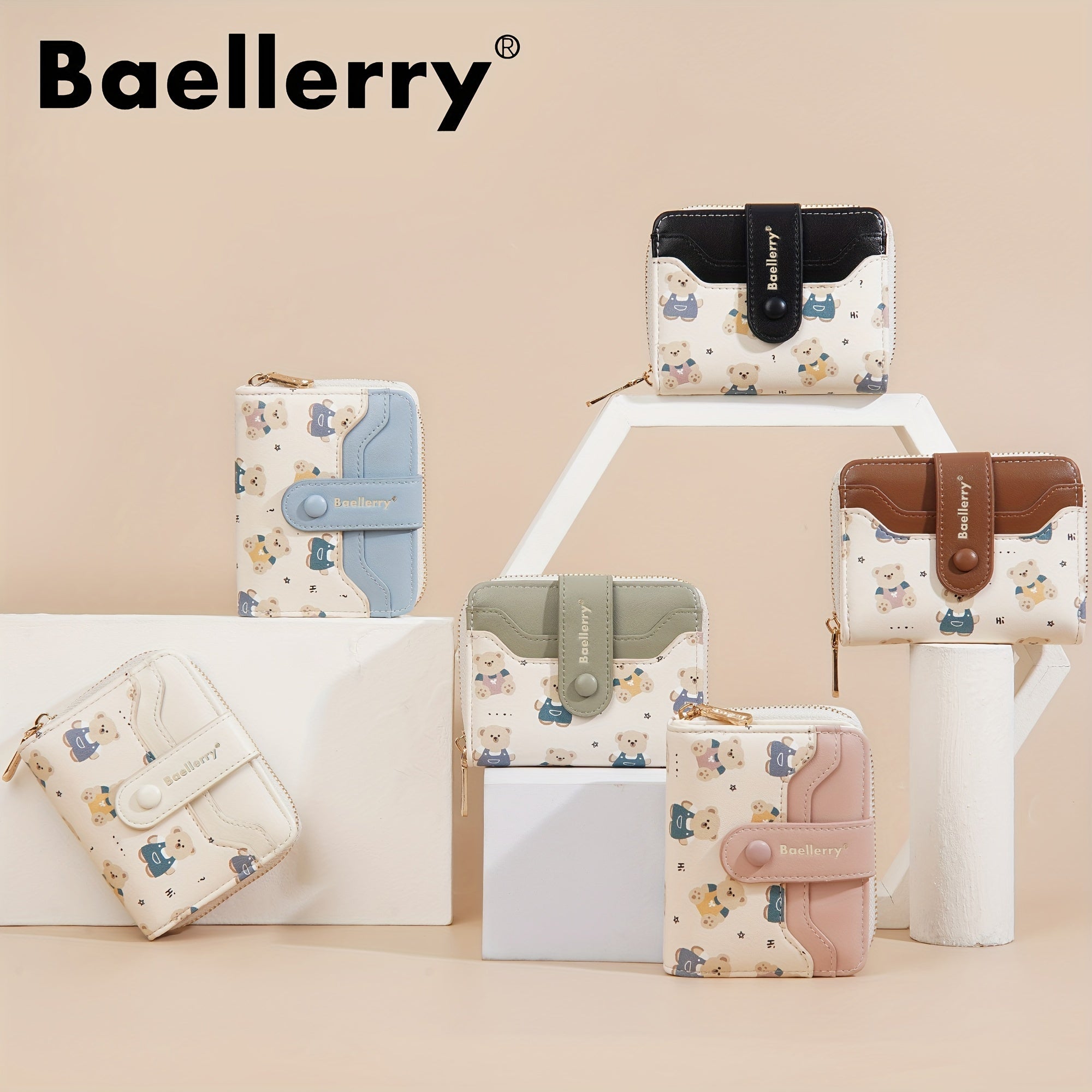 baellerry 1pc Mini Women's Wallet Short Style Bear Cartoon Print Button Credit Card Card Bag Zipper Coin Purse