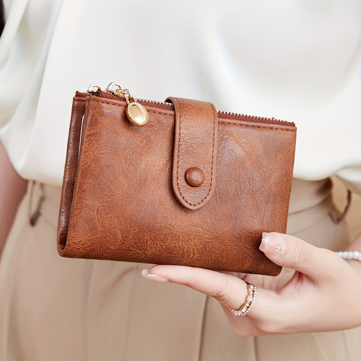 Three-Fold Retro Wallet with RFID Blocking, Multiple Card Slots, Button and Magnetic Snap Closures