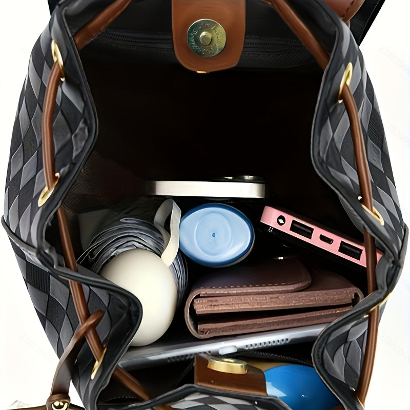 Quilted PU Backpack Coffee Brown & Black Quilted PU Backpack for Women | Adjustable Shoulder Straps, Golden Buckle, and Joyful Face Charm | Perfect for Work, Travel, and Everyday Use