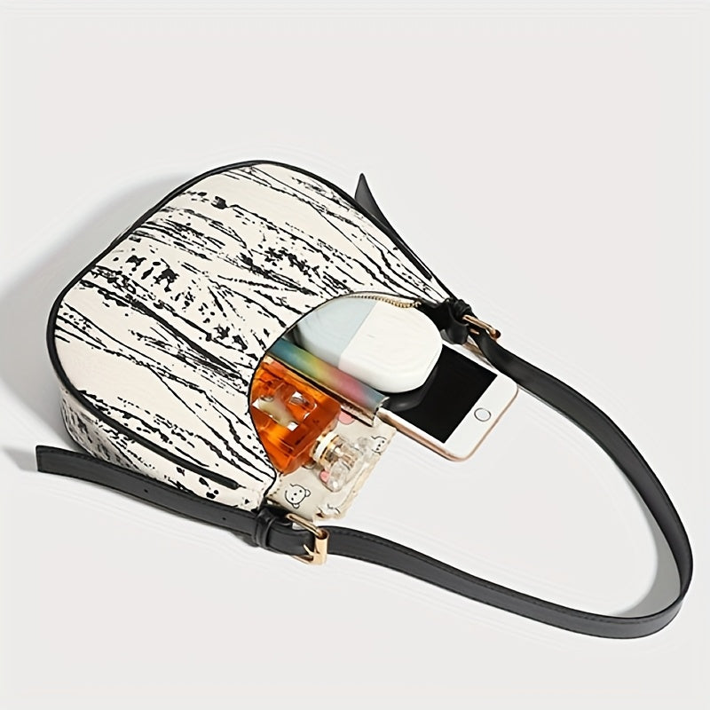 French Wing Tote Bag - Elegant Crescent Moon Shoulder Bag with Cloud Pattern, Premium, Zipper Closure & Polyester Lining, Versatile for Casual & Formal Outfits, White