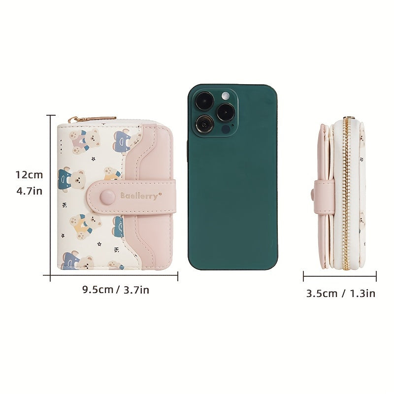 baellerry 1pc Mini Women's Wallet Short Style Bear Cartoon Print Button Credit Card Card Bag Zipper Coin Purse