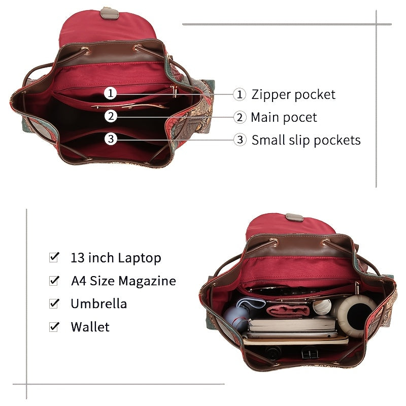 Vintage Patchwork Women'S Backpack - Genuine Leather, Adjustable Straps, Drawstring Closure, Tribal Style, with Polyester Lining And Applique Embellishment for Travel, School, Or Daily Use, Travel Backpack