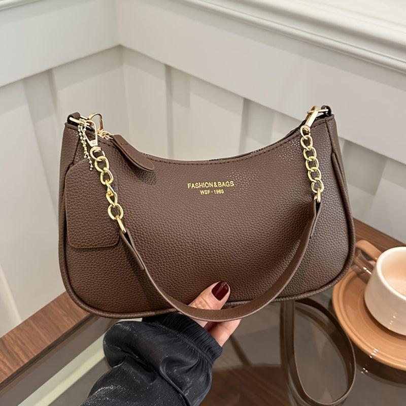 Fashionable And Minimalist Women'S Crescent Shoulder Bag with a Golden-Chain Handle - Featuring a Removable Comfortable Strap, Zipper Closure, Polyester Lining, Perfect for Casual And Everyday Use, Available in Black, White, Brown, And Red