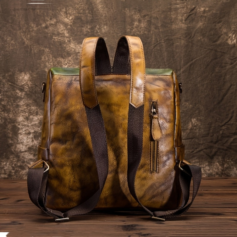 2025 New Women's Genuine Genuine Leather Backpack - Vintage Large Capacity Travel Bag with Adjustable Shoulder Straps, Front Zipper Pocket & Top Handle, Solid Color (Red\u002FYellow\u002FBlack) for Casual & Professional Use