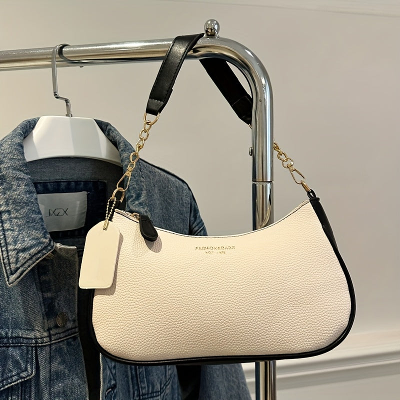 Fashionable And Minimalist Women'S Crescent Shoulder Bag with a Golden-Chain Handle - Featuring a Removable Comfortable Strap, Zipper Closure, Polyester Lining, Perfect for Casual And Everyday Use, Available in Black, White, Brown, And Red