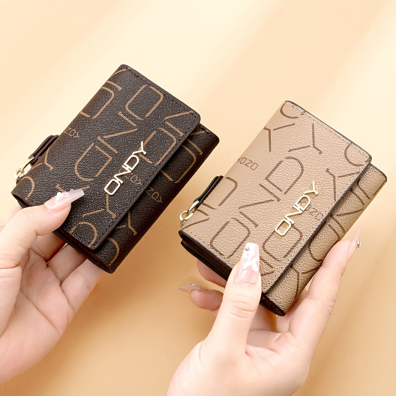 ONDY Classic Letter Print Compact Wallet - Slim & Portable, Multi-Functional Card Holder with Golden Accents, Snap Closure, in Coffee\u002FCaramel - Durable PVC, Easy-Clean