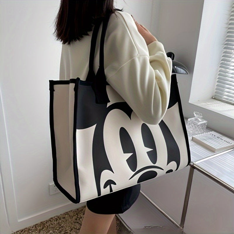 Large Capacity Canvas Tote Bag for Women - Vintage Mickey Mouse Design, Black & White Animal Print, Zipper Closure, Shoulder Commuter Handba