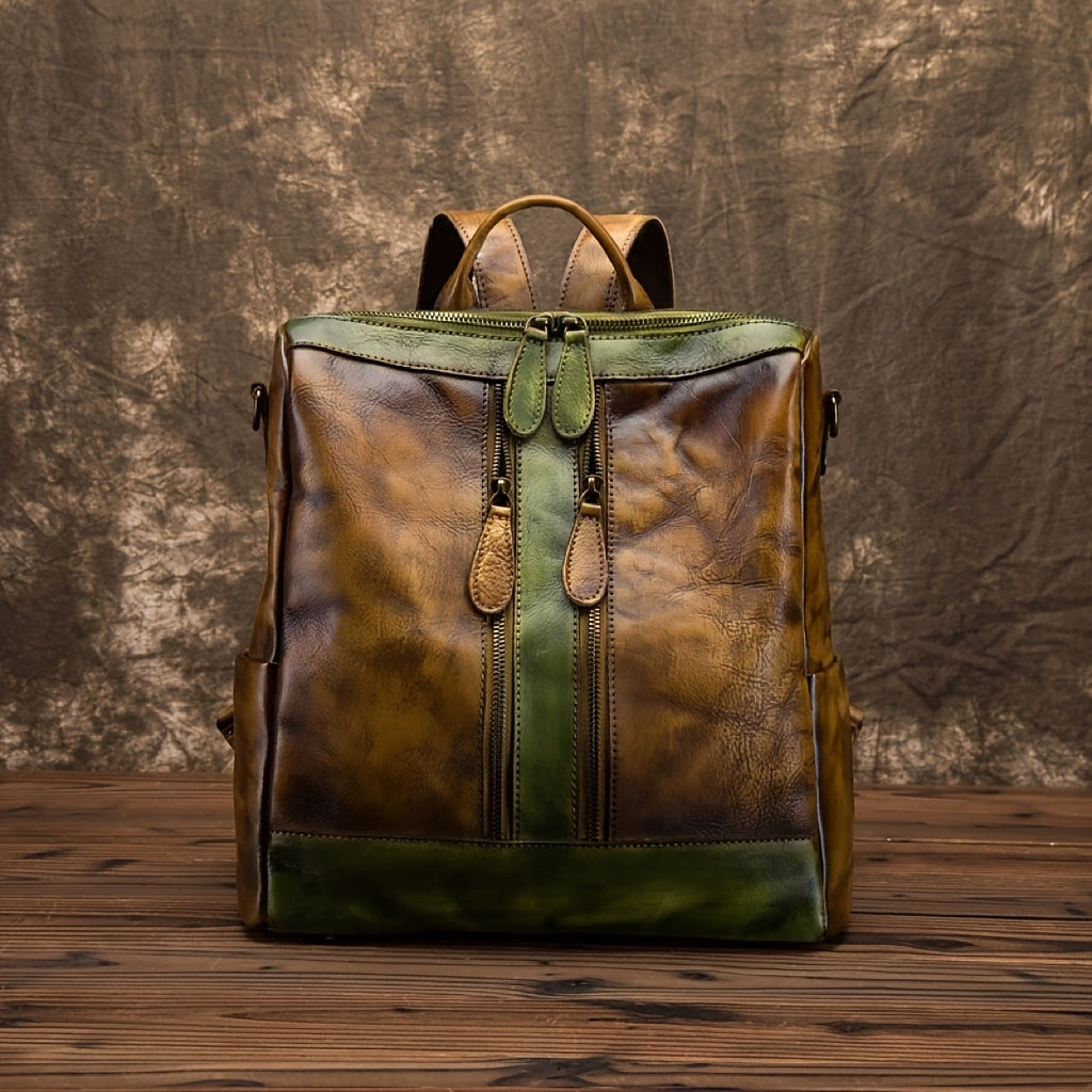 2025 New Women's Genuine Genuine Leather Backpack - Vintage Large Capacity Travel Bag with Adjustable Shoulder Straps, Front Zipper Pocket & Top Handle, Solid Color (Red\u002FYellow\u002FBlack) for Casual & Professional Use