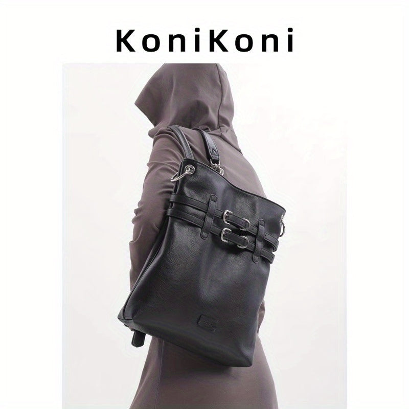 KoniKoni Genuine Leather Women'S Backpack - Lightweight Large Capacity Travel & Commuter Bag with Adjustable Shoulder Straps, Multiple Compartments, and Zipper Closure, Black, Backpack for Travel, Structured Design, Durable Zipper Compartments
