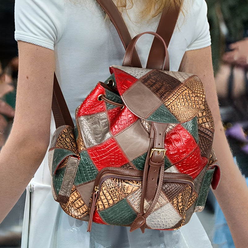 Vintage Patchwork Women'S Backpack - Genuine Leather, Adjustable Straps, Drawstring Closure, Tribal Style, with Polyester Lining And Applique Embellishment for Travel, School, Or Daily Use, Travel Backpack