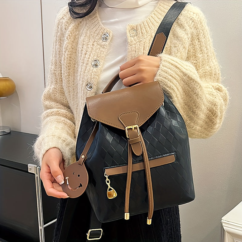 Quilted PU Backpack Coffee Brown & Black Quilted PU Backpack for Women | Adjustable Shoulder Straps, Golden Buckle, and Joyful Face Charm | Perfect for Work, Travel, and Everyday Use