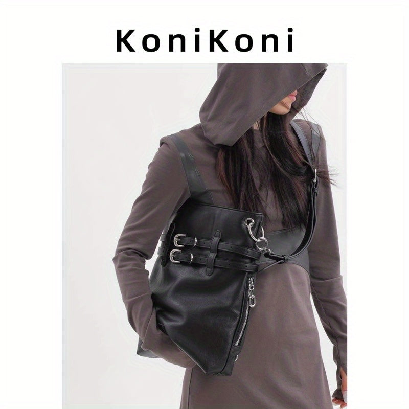 KoniKoni Genuine Leather Women'S Backpack - Lightweight Large Capacity Travel & Commuter Bag with Adjustable Shoulder Straps, Multiple Compartments, and Zipper Closure, Black, Backpack for Travel, Structured Design, Durable Zipper Compartments