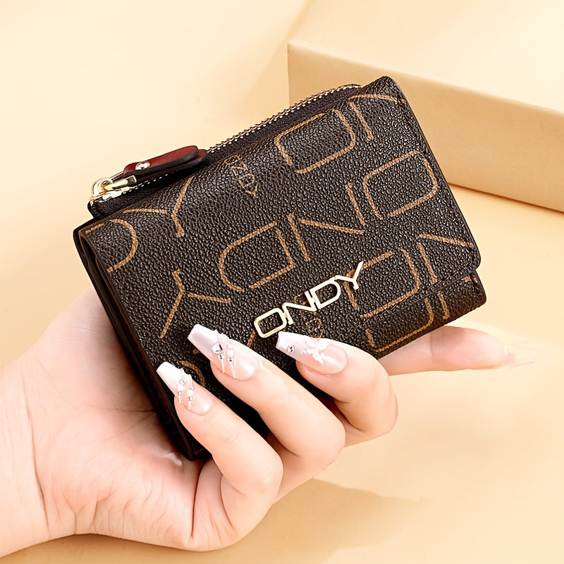 ONDY Classic Letter Print Compact Wallet - Slim & Portable, Multi-Functional Card Holder with Golden Accents, Snap Closure, in Coffee\u002FCaramel - Durable PVC, Easy-Clean