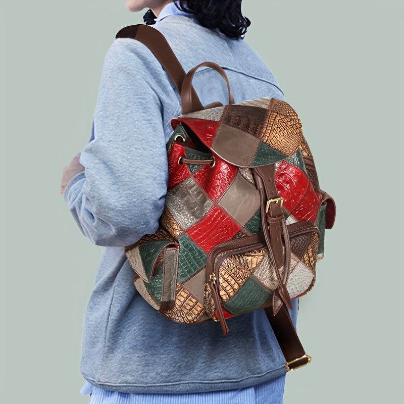 Vintage Patchwork Women'S Backpack - Genuine Leather, Adjustable Straps, Drawstring Closure, Tribal Style, with Polyester Lining And Applique Embellishment for Travel, School, Or Daily Use, Travel Backpack