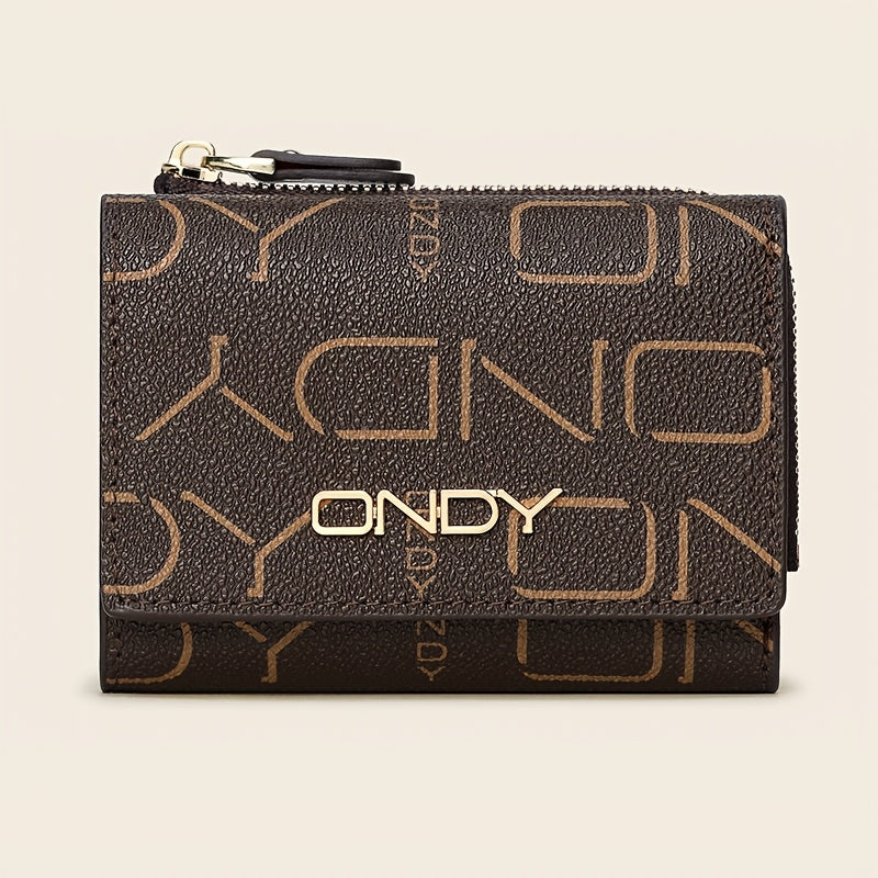 ONDY Classic Letter Print Compact Wallet - Slim & Portable, Multi-Functional Card Holder with Golden Accents, Snap Closure, in Coffee\u002FCaramel - Durable PVC, Easy-Clean