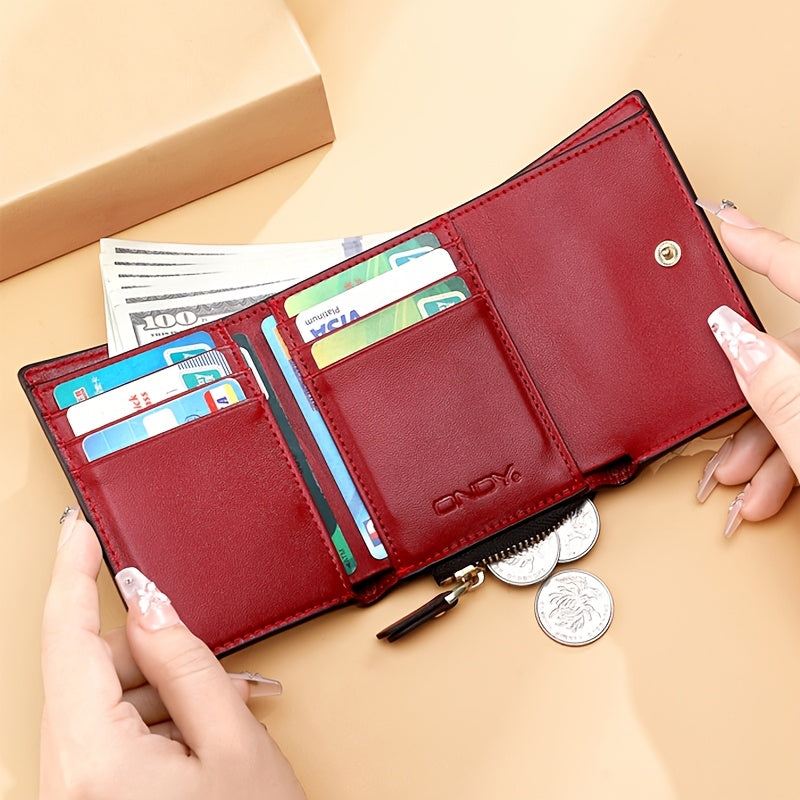 ONDY Classic Letter Print Compact Wallet - Slim & Portable, Multi-Functional Card Holder with Golden Accents, Snap Closure, in Coffee\u002FCaramel - Durable PVC, Easy-Clean