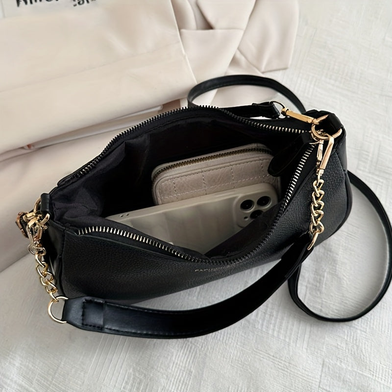 Fashionable And Minimalist Women'S Crescent Shoulder Bag with a Golden-Chain Handle - Featuring a Removable Comfortable Strap, Zipper Closure, Polyester Lining, Perfect for Casual And Everyday Use, Available in Black, White, Brown, And Red