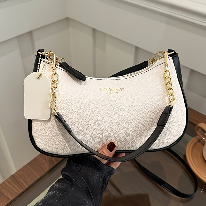 Fashionable And Minimalist Women'S Crescent Shoulder Bag with a Golden-Chain Handle - Featuring a Removable Comfortable Strap, Zipper Closure, Polyester Lining, Perfect for Casual And Everyday Use, Available in Black, White, Brown, And Red