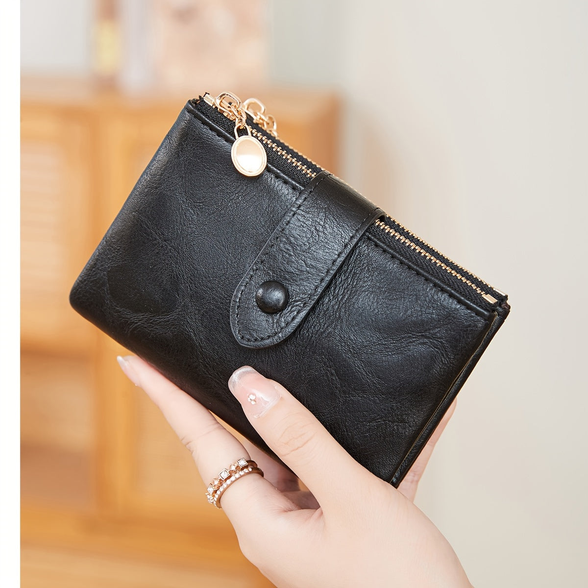 Three-Fold Retro Wallet with RFID Blocking, Multiple Card Slots, Button and Magnetic Snap Closures