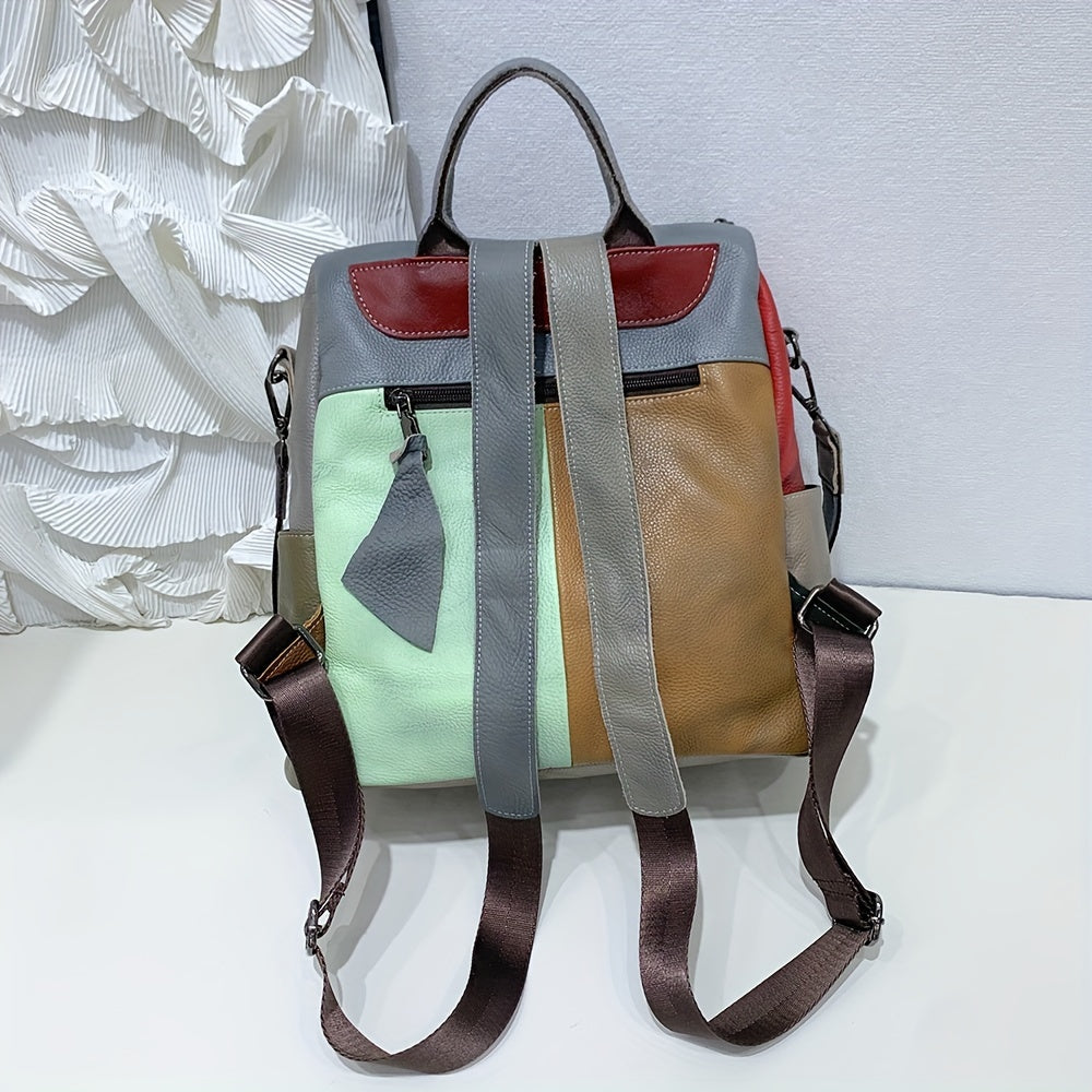 Elegant Vintage Genuine Leather Backpack for Women - Luxury Color Block Design with Detachable Shoulder Straps, Zipper Closure & Polyester Lining, Sophisticated Daypack for Casual, Work, Travel, Backpack for Travel, Adjustable Strap Feature