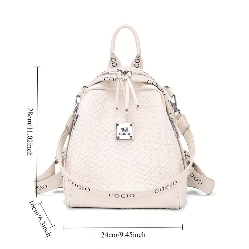 Elegant Floral Print Women'S Backpack - Large Capacity Beige & Brown Split Leather Travel Backpack with Adjustable Straps, Zip Closure, and Polyester Lining for Commuting, Casual, and Travel Use, Backpack for Schoo