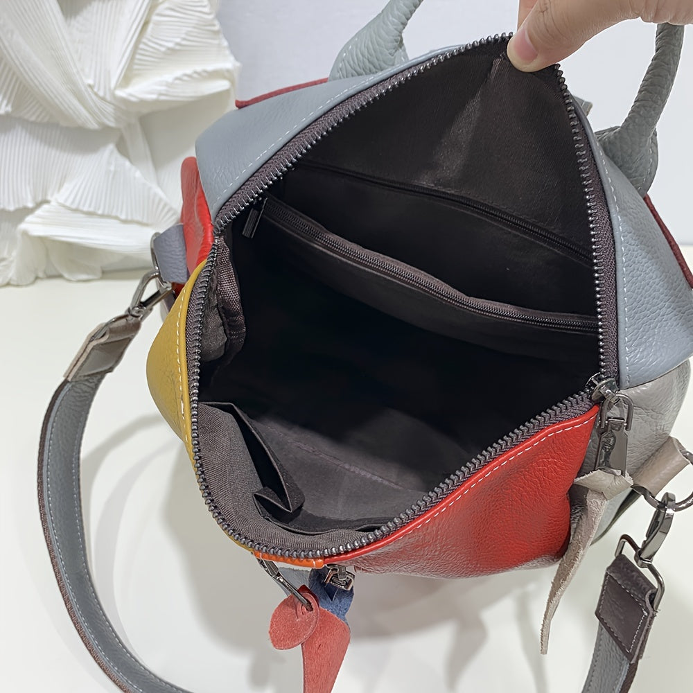 Elegant Vintage Genuine Leather Backpack for Women - Luxury Color Block Design with Detachable Shoulder Straps, Zipper Closure & Polyester Lining, Sophisticated Daypack for Casual, Work, Travel, Backpack for Travel, Adjustable Strap Feature