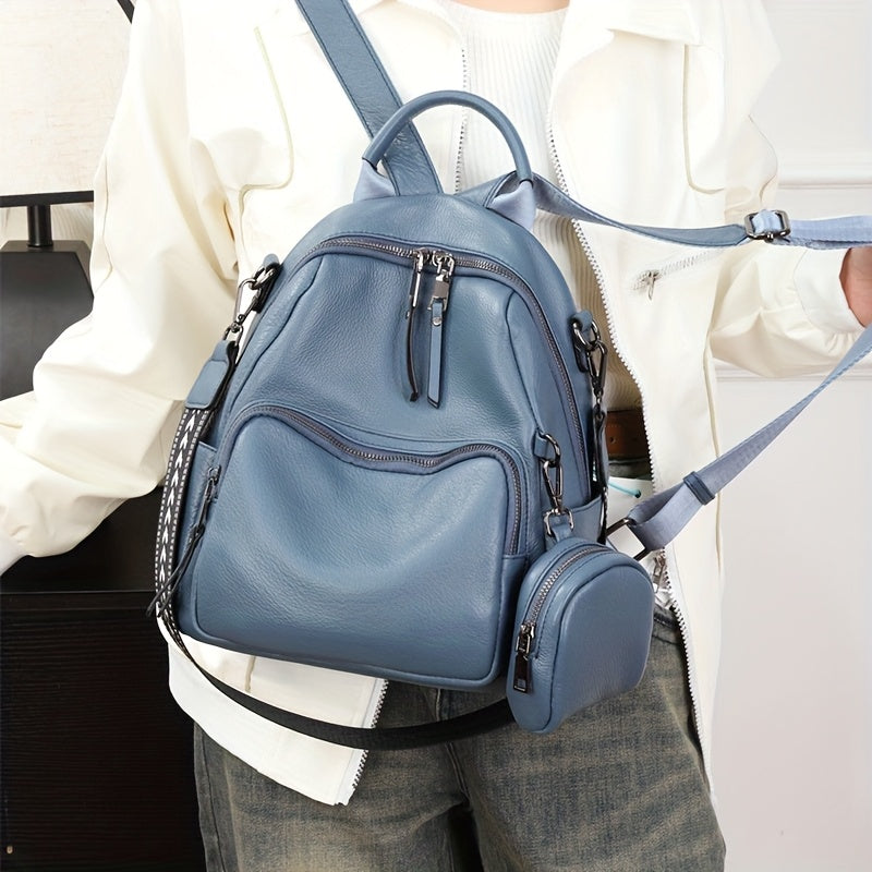 Women'S Casual Blue Leather Backpack with Adjustable Strap, Zipper Closure, and Front Zipper Pocket - Durable, Anti-Scratch Finish, Large Capacity Shoulder and Crossbody Bag, Casual Backpack | Adjustable Strap Bag | Zippered Closure, Backpack