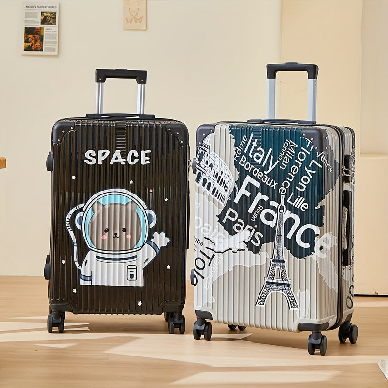 Fashion Graffiti 24-Inch Large Capacity Luggage with Spinner Wheels, TSA Lock, and Retractable Iron Handle - Durable PC+ABS Hard Shell, Zipper Closure, Black\u002FWhite
