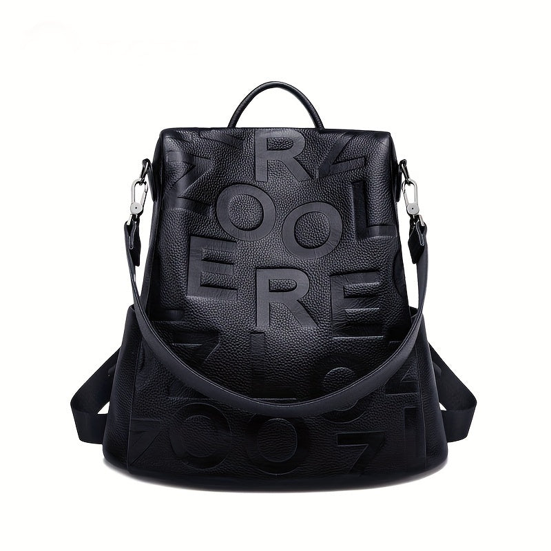 Durable Build Large Capacity Genuine Leather Backpack for Women - Stylish Black Convertible Shoulder Bag with Adjustable Straps, Anti-Theft Design & Unique Letter Print, Backpack Purse