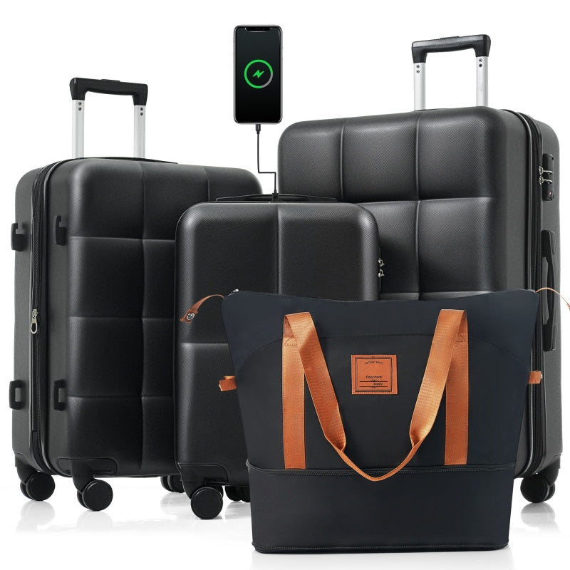 Luggage Sets 4pcs 20inch with USB Port Expandable ABS Durable Suitcase with Travel Bag Cup Holder ABS Hard Shell Luggage with Spinner Wheels black and brown