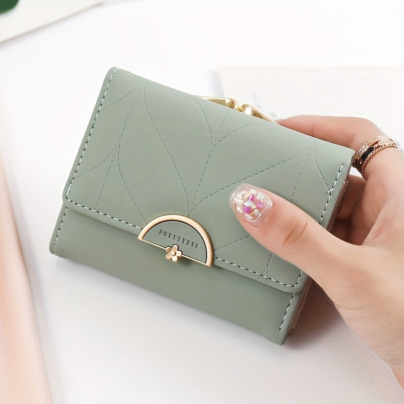 Mint Green Wallet Compact Trifold Mint Green Women's Wallet | Golden-Toned Clasp, Zippered Coin Purse, Floral Print, Multi-Function Card Holder