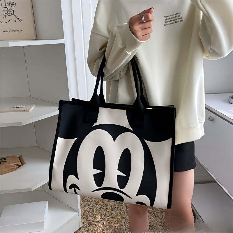 Large Capacity Canvas Tote Bag for Women - Vintage Mickey Mouse Design, Black & White Animal Print, Zipper Closure, Shoulder Commuter Handba