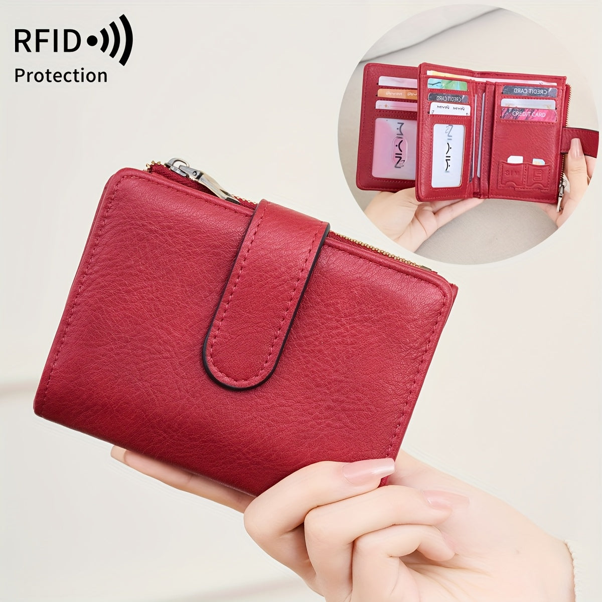RFID Anti-Theft Wallet Multi-Carat RFID Anti-Theft Wallet - Retro Short Wallet, Solid Color Bifold Coin Purse, Women's Credit Card Holder
