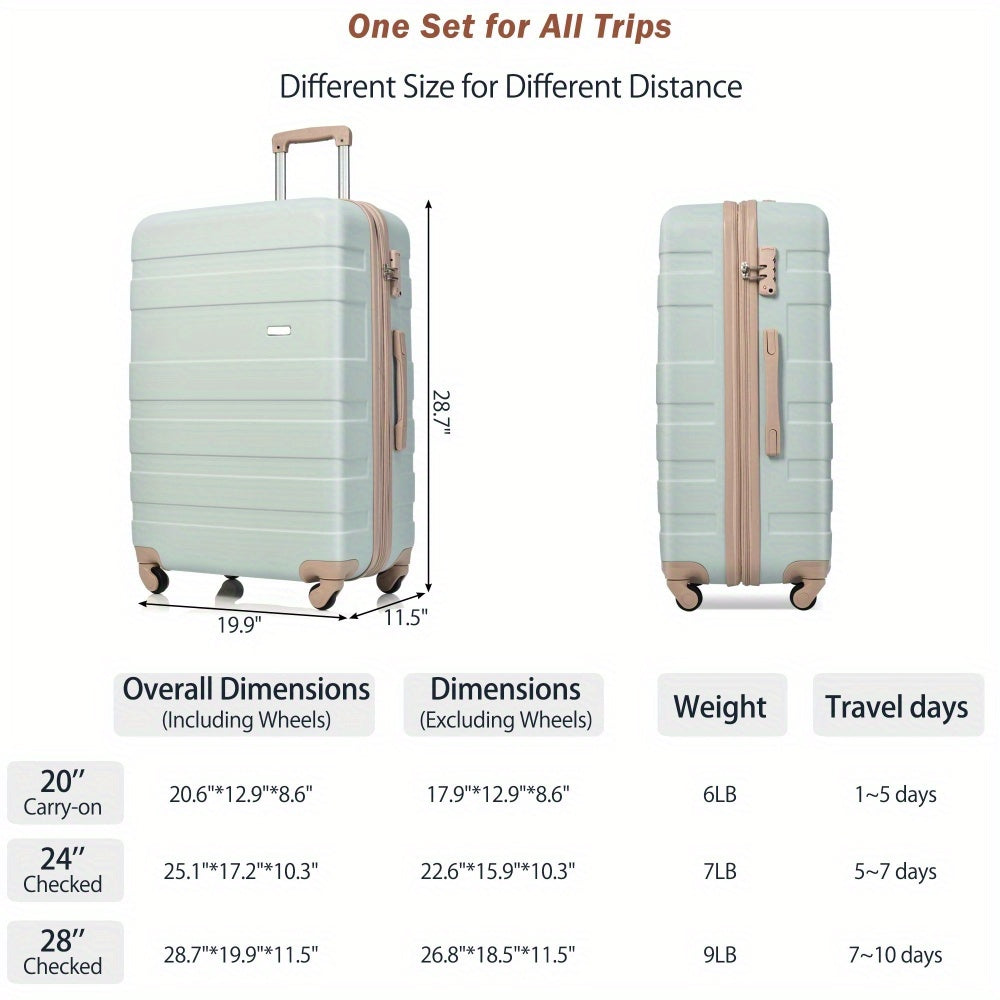 Luggage Sets 4pcs, ABS Durable Suitcase with Travel Bag, Carry On Luggage Suitcase Set with 360° Spinner Wheels, grey green