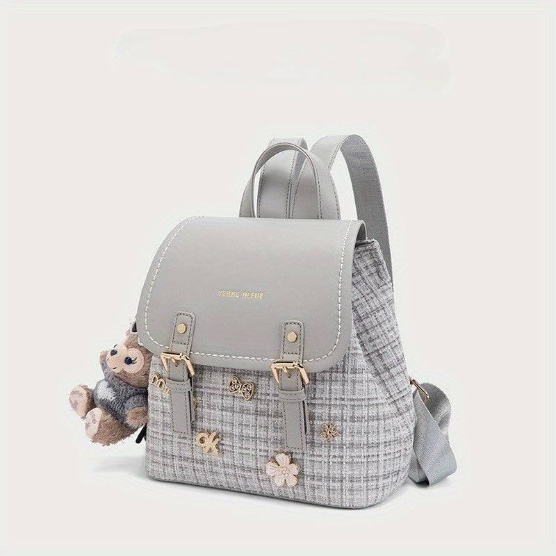 Chic Vintage Plaid Backpack for Women - Large Capacity, Adjustable Straps, Golden-Tone Hardware, Textured Finish, Perfect for, Travel & Everyday Use, Casual Backpack | Elegant Backpack | Textured Finish Bag