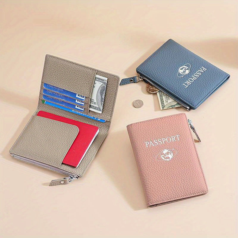Premium Travel Wallet Genuine Leather Passport Holder Wallet | Multi-Function Travel Organizer with Zipper Closure, Card Slots & Coin Pocket for Women in Beige, Navy Blue, or Rose Pink, Secure Travel Wallet | Embossed Genuine Leather Design