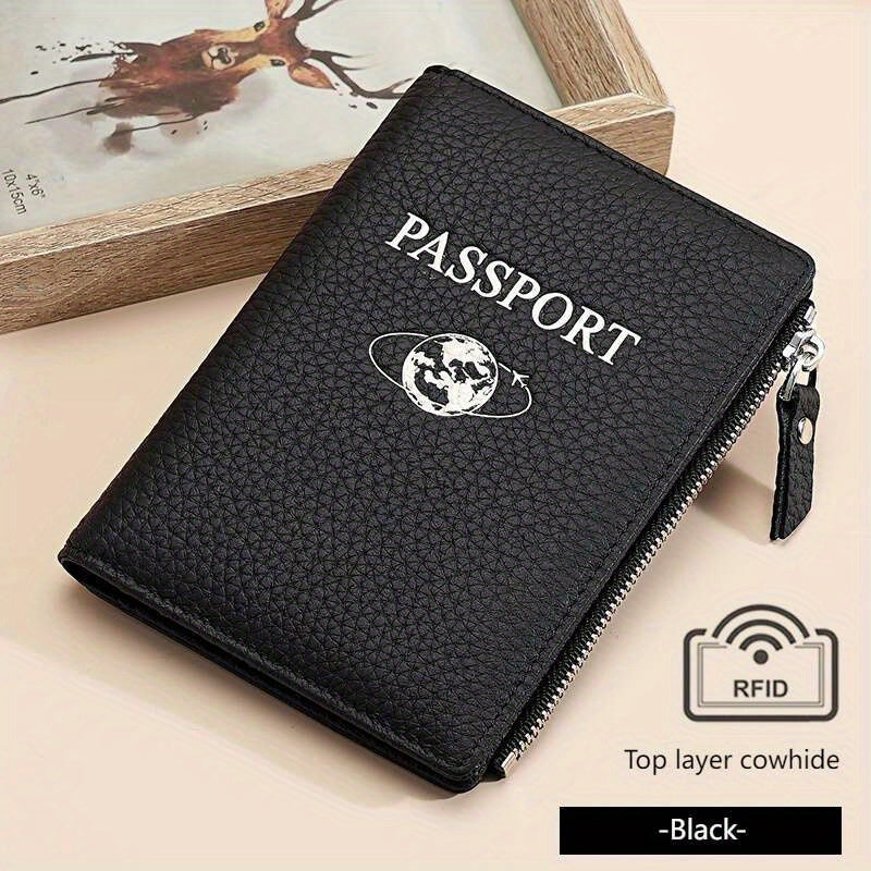 Premium Travel Wallet Genuine Leather Passport Holder Wallet | Multi-Function Travel Organizer with Zipper Closure, Card Slots & Coin Pocket for Women in Beige, Navy Blue, or Rose Pink, Secure Travel Wallet | Embossed Genuine Leather Design