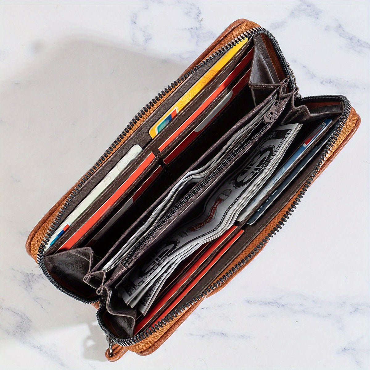 Women'S Vintage-Style Long Wallet with Floral Embossing - Multi-Card Holder, Zip Closure, Brown Synthetic Faux Leather, Durable and Stylish Purse for Everyday Use, Everyday Purse | Floral Embossing Wallet | Zippered Closure, Large Wallet