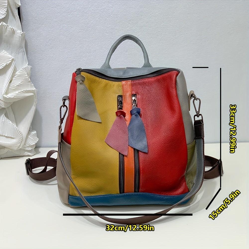 Elegant Vintage Genuine Leather Backpack for Women - Luxury Color Block Design with Detachable Shoulder Straps, Zipper Closure & Polyester Lining, Sophisticated Daypack for Casual, Work, Travel, Backpack for Travel, Adjustable Strap Feature