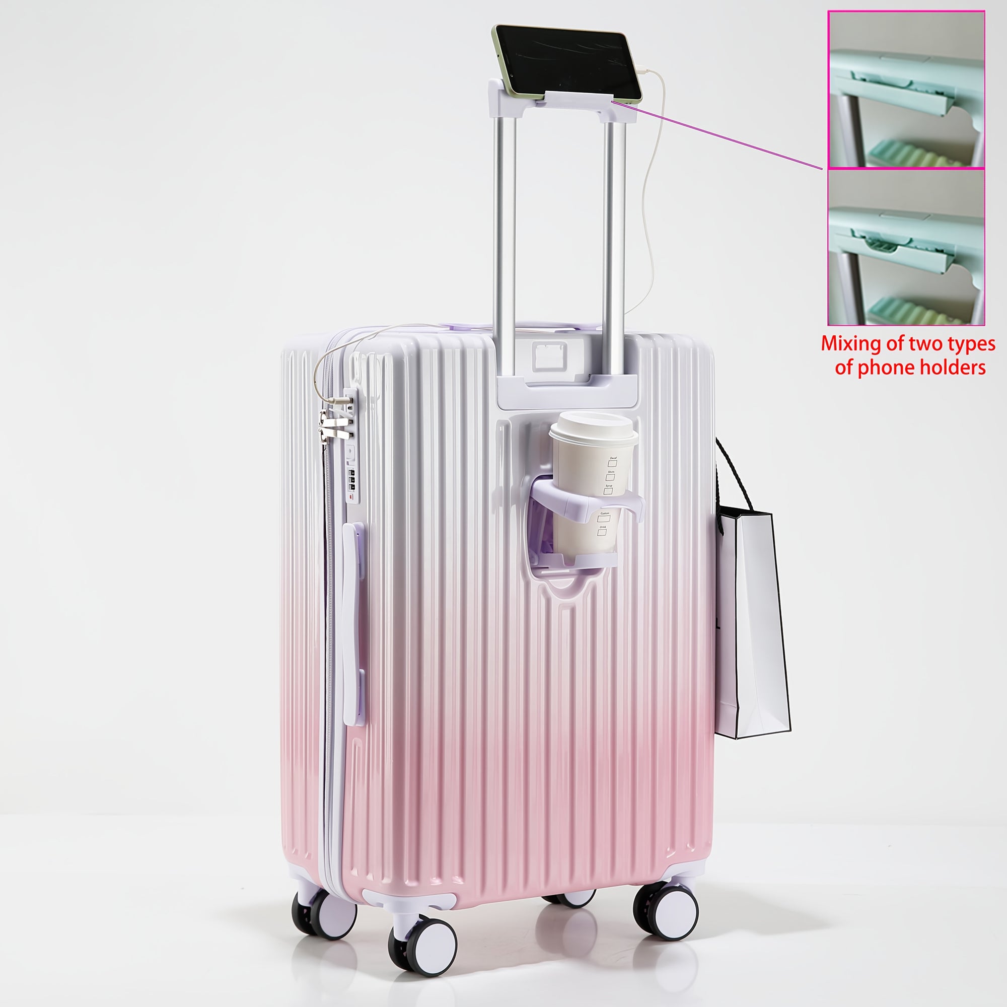 20-Inch Lightweight ABS+PC Gradient Color Travel Suitcase with USB Charging Port, TSA Lock, Cup Holder & Phone Stand for Men and Women