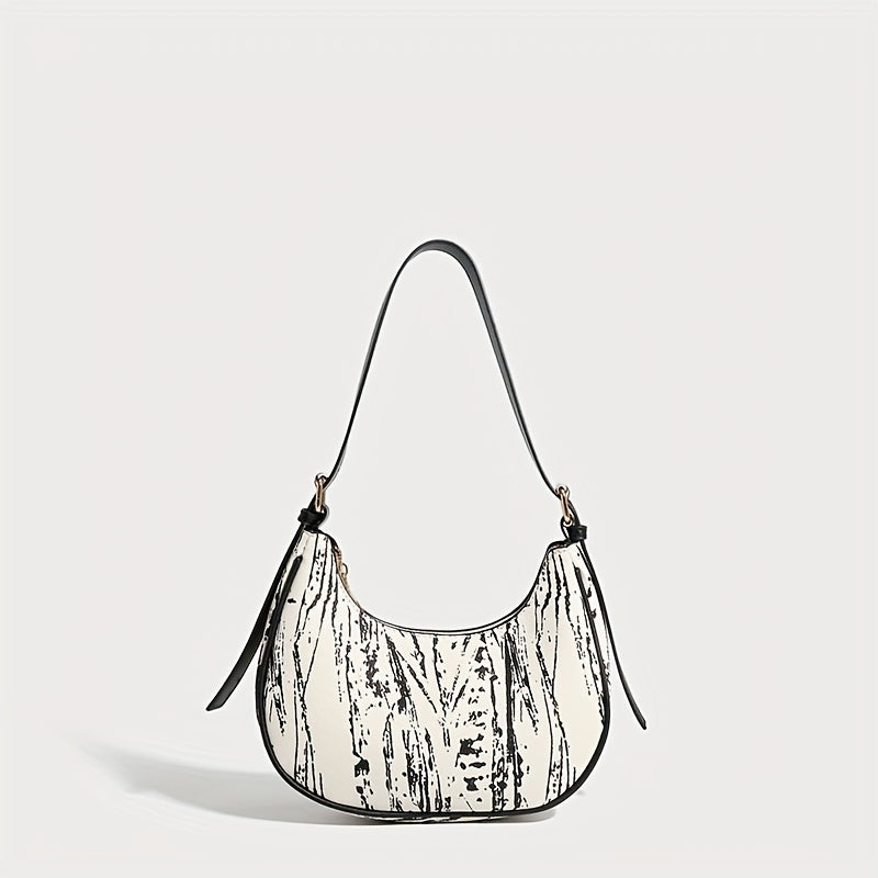 French Wing Tote Bag - Elegant Crescent Moon Shoulder Bag with Cloud Pattern, Premium, Zipper Closure & Polyester Lining, Versatile for Casual & Formal Outfits, White
