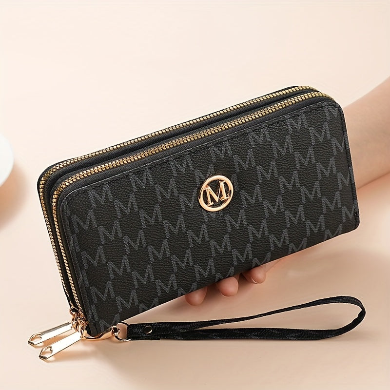 Vintage Wallet Vintage Women's Wallet | Tri-Fold Zipper Closure with Woven Pattern & Golden-Tone 'M' Logo, Includes Wrist Strap & Multiple Card Slots for Everyday Use, Versatile Cardholder - Textured Accessory, Cute Wallet