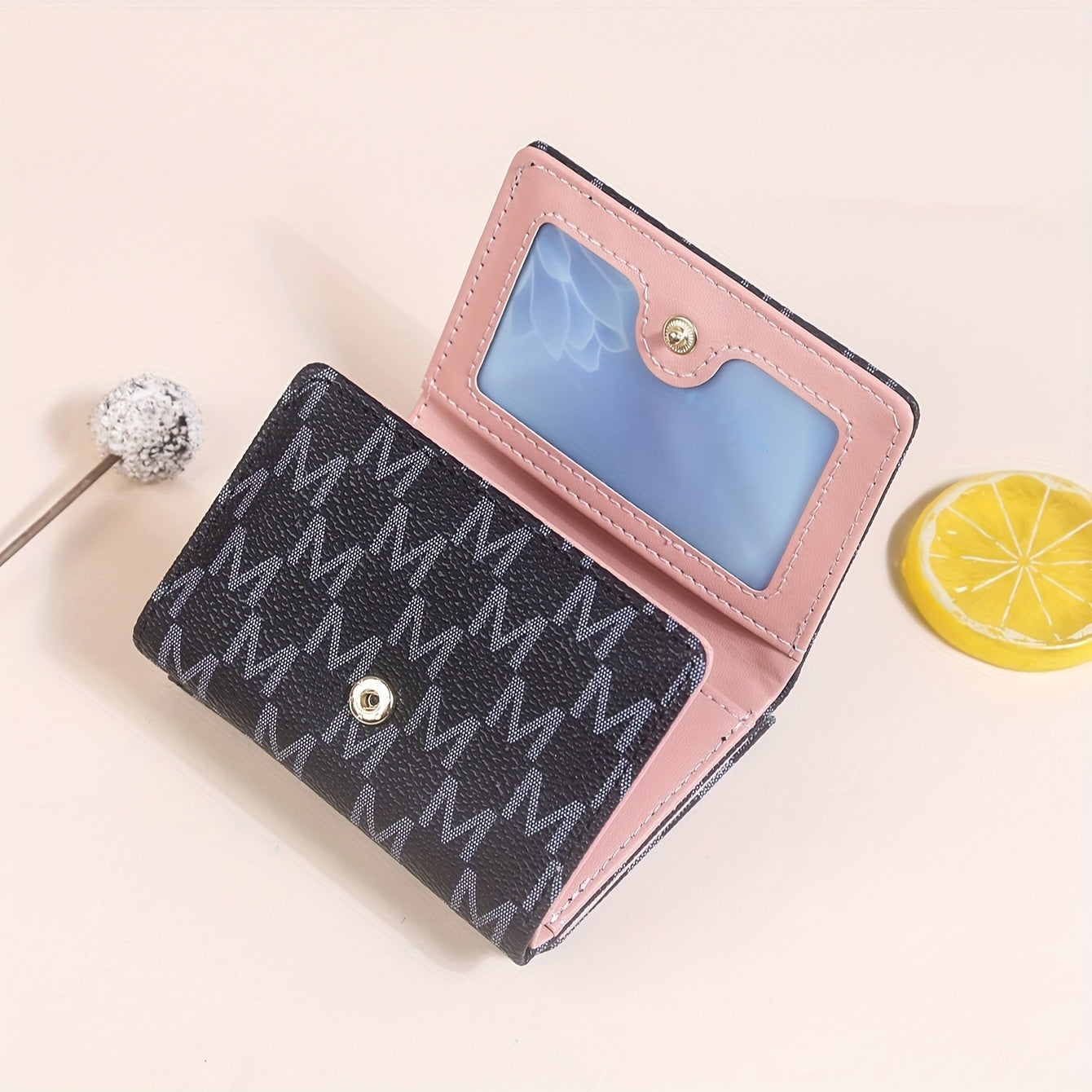 Elegant Mini Trifold Wallet - Stylish Letter Print, Snap Closure, Multiple Card Slots for Women (Available in Pink, White, Black, Dark Brown)