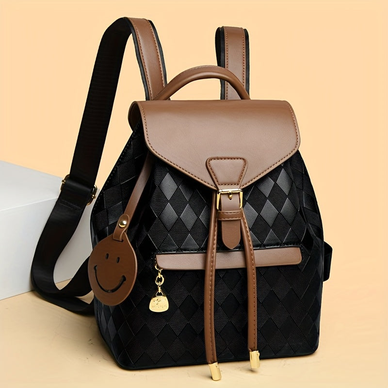 Quilted PU Backpack Coffee Brown & Black Quilted PU Backpack for Women | Adjustable Shoulder Straps, Golden Buckle, and Joyful Face Charm | Perfect for Work, Travel, and Everyday Use