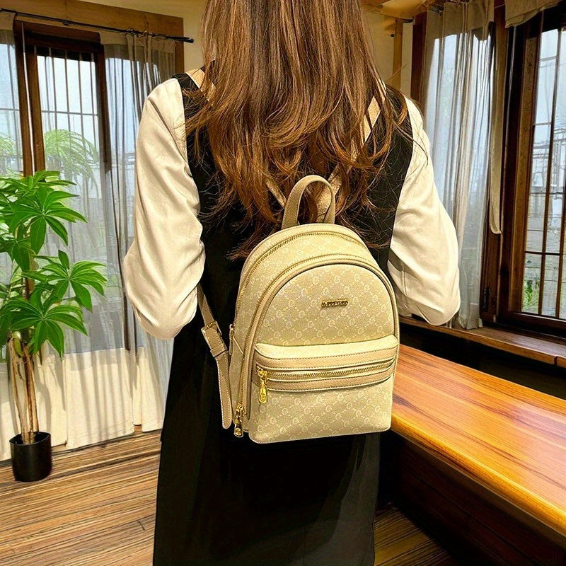 Practical Women'S Backpack: Beige with Iconic Print, Multiple Pockets, Perfect for Daily Use And Travel.